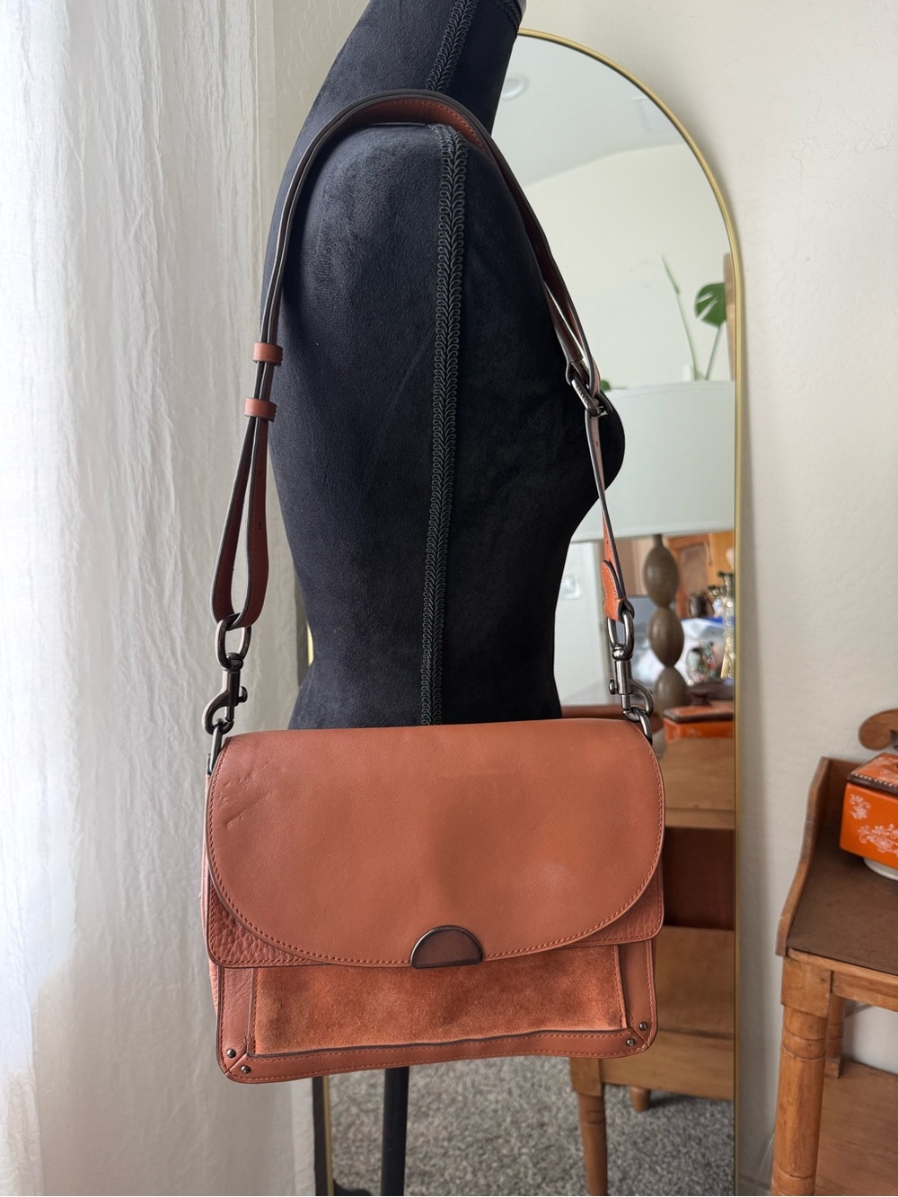 Coach Dreamer Mixed Leather Shoulder Bag in Rust and Brown Gunmental Hardware